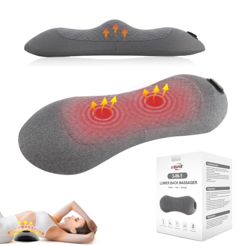USUIE cordless lumbar support pillow with built-in massager for lower back pain relief, ergonomic design, and portable use.