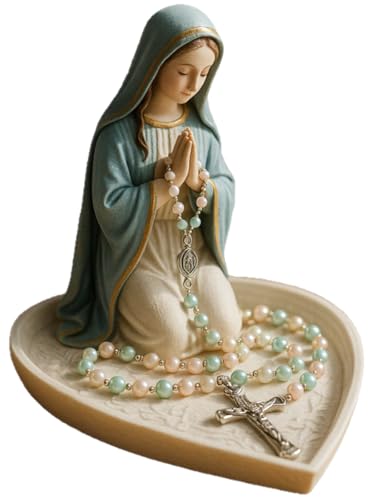 Blessed Mother Mary Statue - 5 Inches Virgin Mary Statue Elegant Home Decor, Saint Mary and Cross Necklace Chain Figurines for Office Desk, Bookshelf, Indoor Decorations Rosary-mary