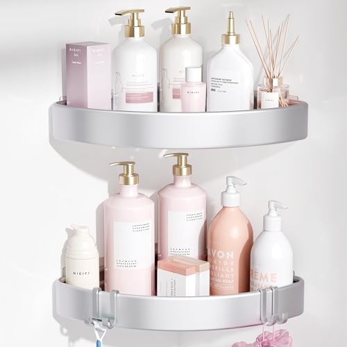 Two silver Nieifi adhesive shower caddies in a corner for bathroom storage, featuring multiple shelves and hooks for organization.