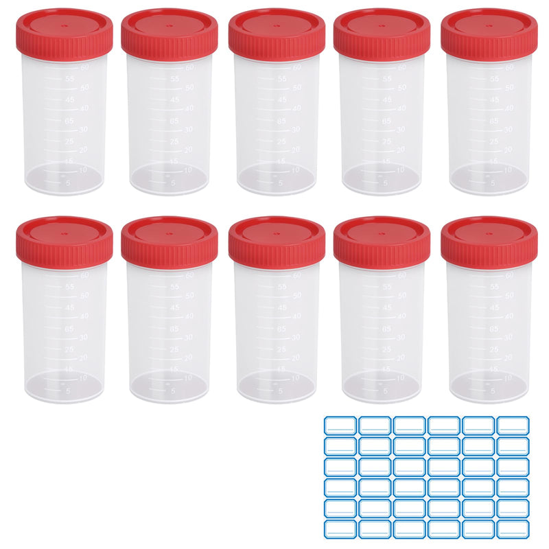 Urine Cup Sample Cup 60 ml with Screw Lid - Urine Sample Container Screw Cap Sample Cup Plastic with Scale & Labels - Sample Storage for Laboratory Medicine Clinic Home