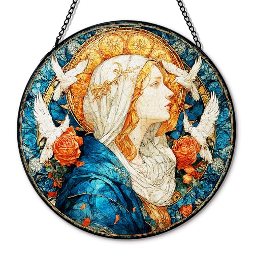 Christian Virgin Mary Suncatcher Garden Stained Glass Window Hanging, Our Lady of Grace Sun Catchers Indoor Window Glass Round Wall Decor, Religious Wall Art Hanging Decorations, ＂7.8x7.8＂