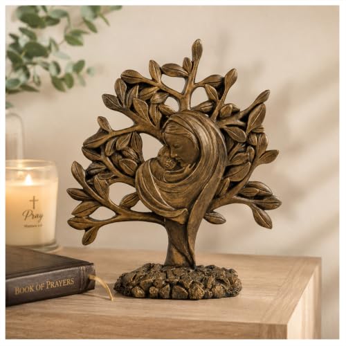 MeritMode Madonna and Child Statue, Virgin Mary with Baby Jesus Figurine Bronze Nativity Tree