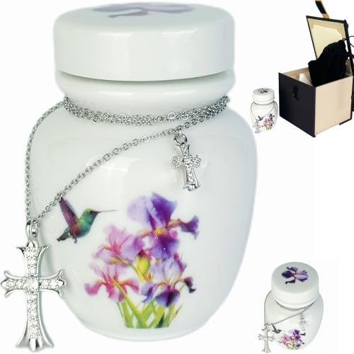 Mini Cremation Urn with Hummingbird and Iris Flower Design, White Ceramic Memorial Keepsake with Cross Necklace
