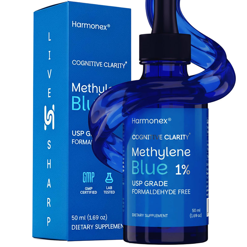 Methylene Blue Drops for Humans 1% USP Pharmaceutical Grade | Methylene Blue Supplement for Focus & Cellular Energy | Formaldehyde & Alcohol Free, Third-Party Tested, Made in USA, 50ml | Harmonex