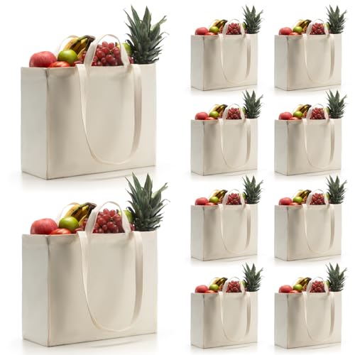 Canvas Grocery Bags Canvas Tote Bag with Long Shoulder Strap and Short Handle Heavy Duty, Foldable, Washable 10 Pack