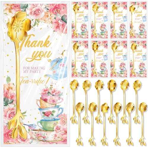 48 Set Tea Spoon Party Favors Gold Tea Spoons Bulk 8 Style Flower Teaspoon with Thank You Cards Gift Bags Stainless Steel Dessert Coffee Spoons Stir Bar for Bridal Shower Guest Souvenir Gift Tea Party 48