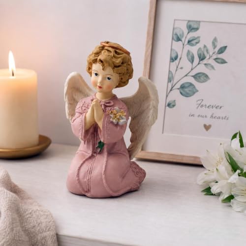 Kneeling Praying Angel Figurine With Flowers, 5.32 Inch Resin Angel Decor 5.32'' Pray Angel Kneeling