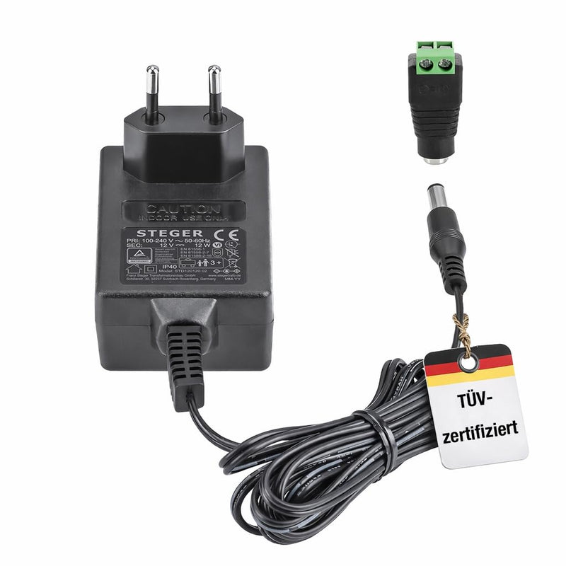 STEGER 12 V Power Supply 1 A 12 W, Certified Power Supply for Toys, LED, Model Making and IT Devices, 12 Volt Power Supply with Plug 5.5 mm x 2.1 mm, Universal Power Supply 100-240 V AC/DC Adapter 50-60 Hz 12 watts