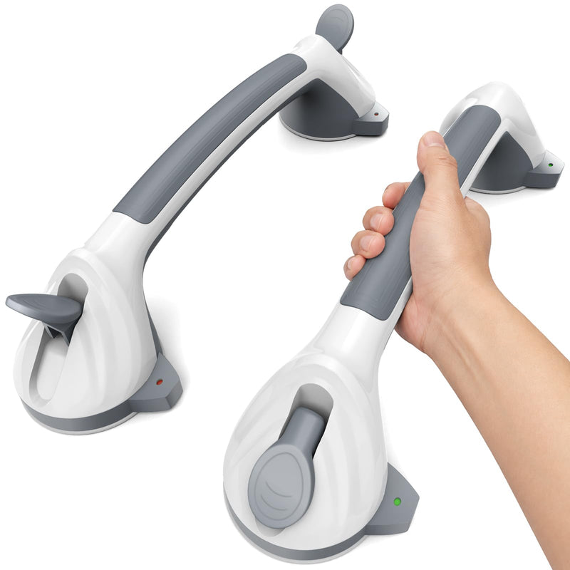 2 Pack 16.5" Suction Grab Bars for Showers with Safety Indicator, No-Drill 4mm Thickened Handicap Shower Handle for Seniors, Non-Slip Bathroom Balance Rail for Smooth Tiles & Tubs Gray White