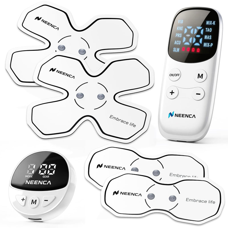 [Australia - AusPower] - NEENCA Wireless TENS Unit Muscle Stimulator, Smart Rechargeable TENS EMS Muscle Massager for Knee/Shoulder/Back Pain Relief. 4 TENS Pads with Remote Control for Physical Therapy,9 Modes 19 Intensities Pearl White 