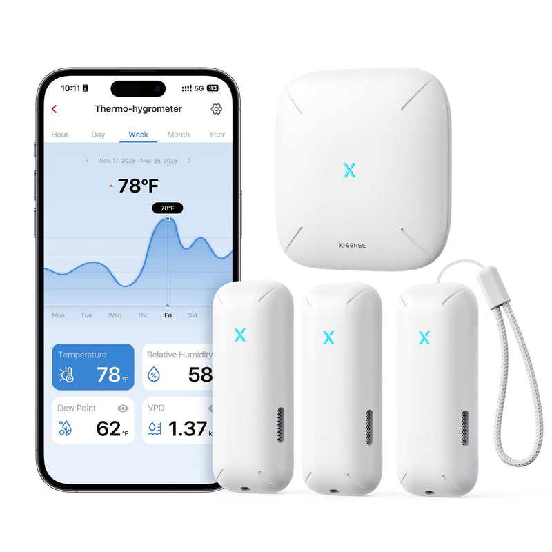 X-Sense Wi-Fi Temperature and Humidity Monitor, Indoor Humidity Meter with App Control, Hygrometer for House, Gardening, Free Data Storage Export, 3 Sensors & 1 Base Station 3-Pack with 1 Base Station