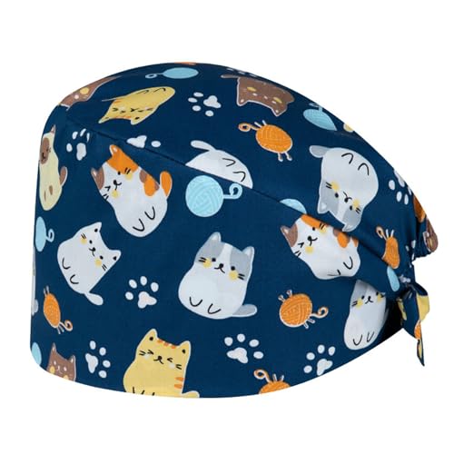 Women's Surgical Cap - Work Hat with Cat Motif, Fabric Surgical Cap with Tie, Surgical Caps for Clinic Practice Care PatternA