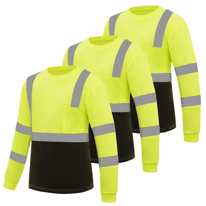Hi Vis Safety T Shirt Class 3 Reflective Black Bottom Long Sleeve High Visibility Shirts 3pcs Yellow Black Medium