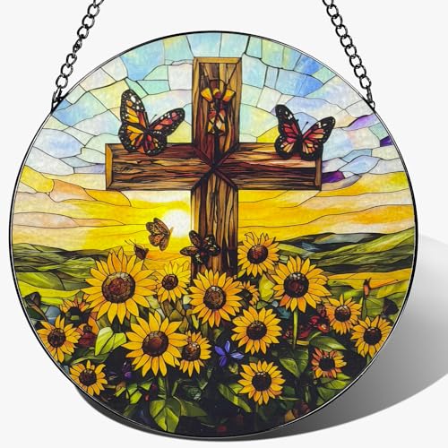 Cross Stained Glass Sun Catcher, 8 Inch Window Hanging Christian Gifts Cross and Sunflower