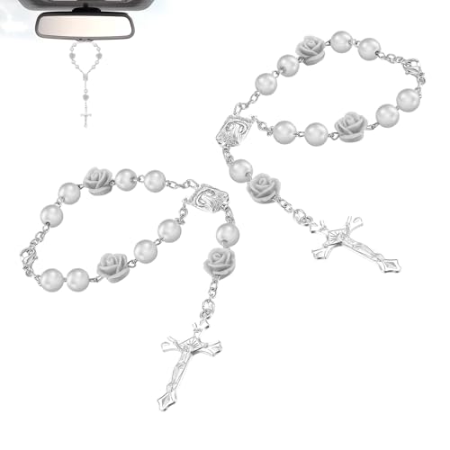 2 PCS Car Rosary Rearview Mirror, Personalized Blessing Rear View Mirror Hanging Decors, Rose Cross Rosary Car Interior Decor, Universal for Most Cars (White) 2 PCS White