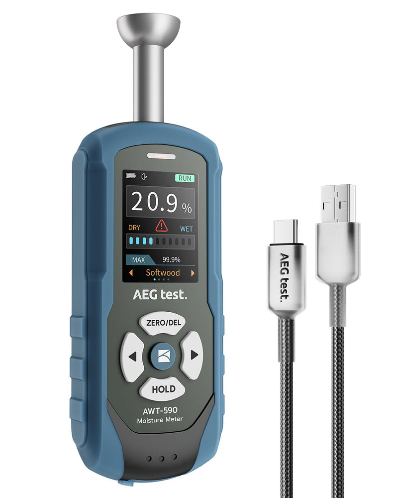 AWT-590 Rechargeable Pinless Moisture Meter for Wood, Drywall & Masonry, Wood Moisture Meter with Adjustable Alarm, Data Records, Non-Invasive Hemispherical Water Leak Detector for Home
