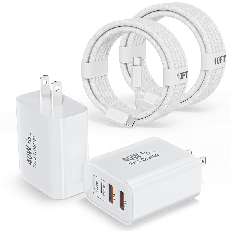 10Foot iPhone 17 16 15 Pro Max Charger Fast Charging,40W 2Pack 4 Port PD&AC USB Charger Block 10FT USB C to C Woven Cable Quick Charging Cord for iPhone 17 Air/17 16 15 Pro/16e/16 Plus/15/15 Pro/iPad 2