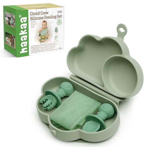 Haakaa silicone baby travel feeding set with foldable suction plate, suitable for 6 months and older, featuring flatware utensils.