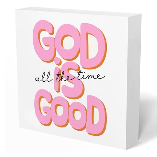 God Is Good All the Time Wooden Box Sign,Pink Bible Shelf Decorations for Teen Girls Desk Table Shelf Decor, Bible Decorating Supplies Gifts for Women, 5x5 Inch God Is Good