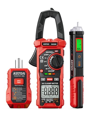 AstroAI ETK3 digital clamp meter, voltage tester pen, and GFCI outlet tester kit in black