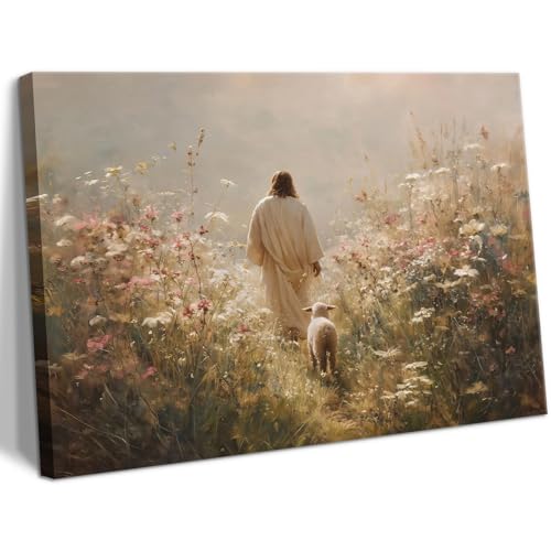 Jesus Leaves the 99 Sheep Wall Art The Lost Sheep Bible Stories Painting picture Wall Decor religion Christian Wildflowers Poster Print Artwork for Church LDS bedroom Living Home Decor 8x10 in Canvas Jesus05 8"L x 10"W