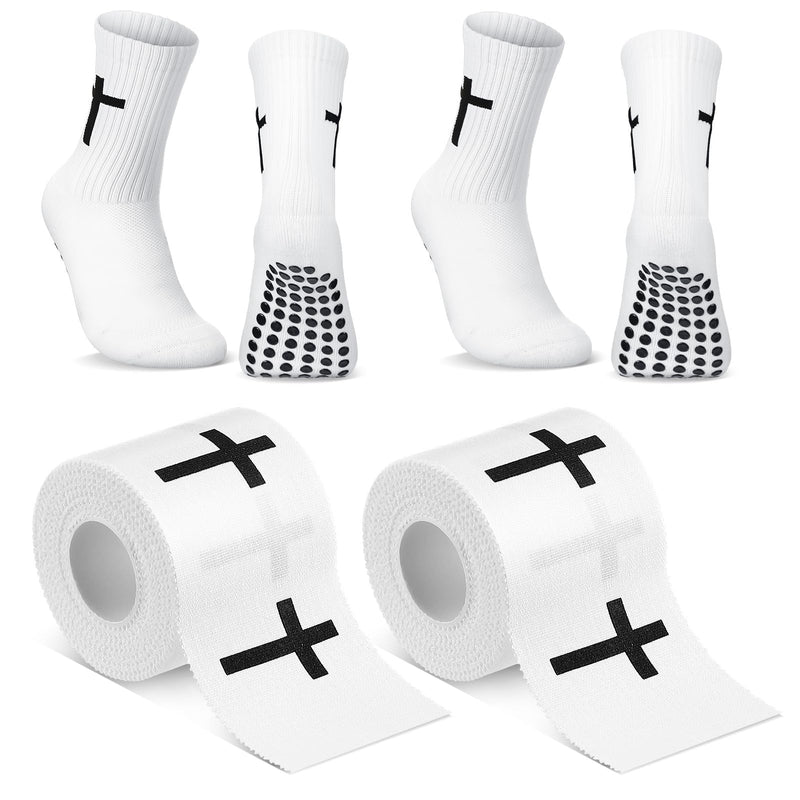 TrelaCo 2 Sets Cross Grip Socks with 2 Pcs Christian Athletic Tape Jesus Soccer Grip Socks Cotton Sports Athletic Tape Serrated Edges for Easter Gifts Football Baseball(White,Cross) White