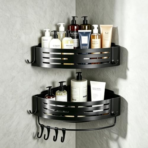 Two black adhesive corner shower caddies by Abelloly, made of aluminum, designed for no-drill installation in bathroom showers.