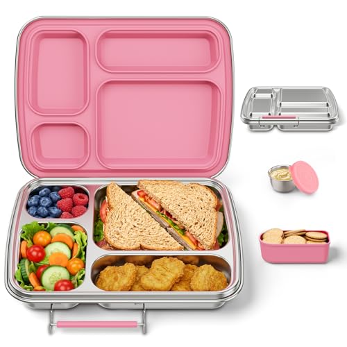 Stainless Steel Bento Box for Kids, Kids Lunch Box with 4-Compartment, Metal Lunch Box with Silicone Container & Sauce Cup, Durable Lunch Box Containers for School and Office (Pink) Pink