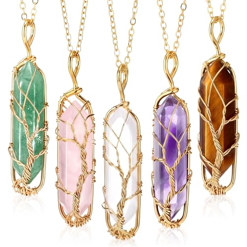 Yaomiao 5 Pcs Crystal Healing Necklaces, Mixed Color with Tree Gold Chain