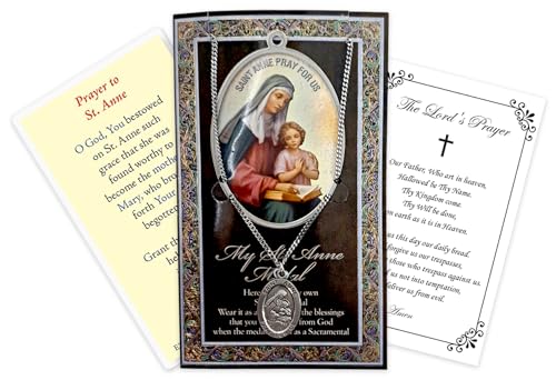 Saint Anne Medallion with St Anne Prayer Card, Lord's Prayer Card | St Anne Medal Necklace Jewelry | Catholic Patron Saint Of Unmarried Women, Mothers, Grandmothers Themed Set, Total 3 Items
