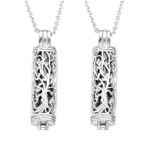 HARFINGTON Tree of Life Cremation Necklace, Stainless Steel Hollow Cylinder Pendant Memorial Jewelry with Screw Cap Black 2