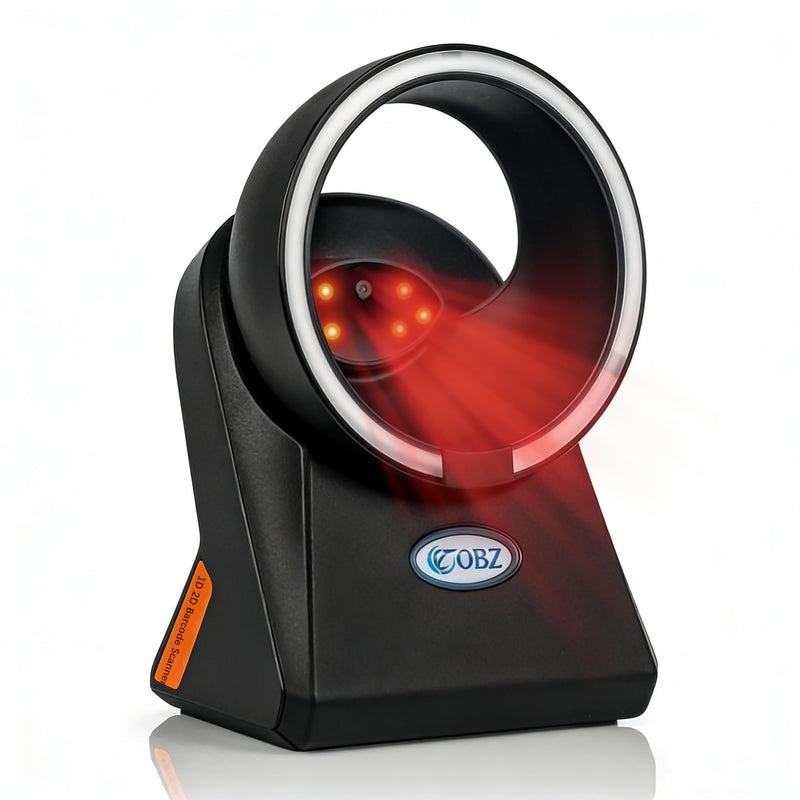 [Australia - AusPower] - OBZ Desktop Barcode Scanner Hands-Free 1D 2D Code Reader,Omnidirectional Automatic USB Wired Barcode Scanner with Adjustable Head,Plug and Play for Windows Mac Linux POS Store Inventory Management 