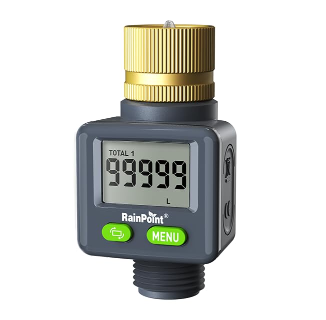 [Australia - AusPower] - Rainpoint Water Flow Meter with Brass Inlet, 180°Screen-Flip Garden Hose Flow Meter, Measure up to 9999.9 Gallon/Liter Consumption & Flow Rate for RV, Garden Hose, Sprinkler & Nozzle Sprayer 