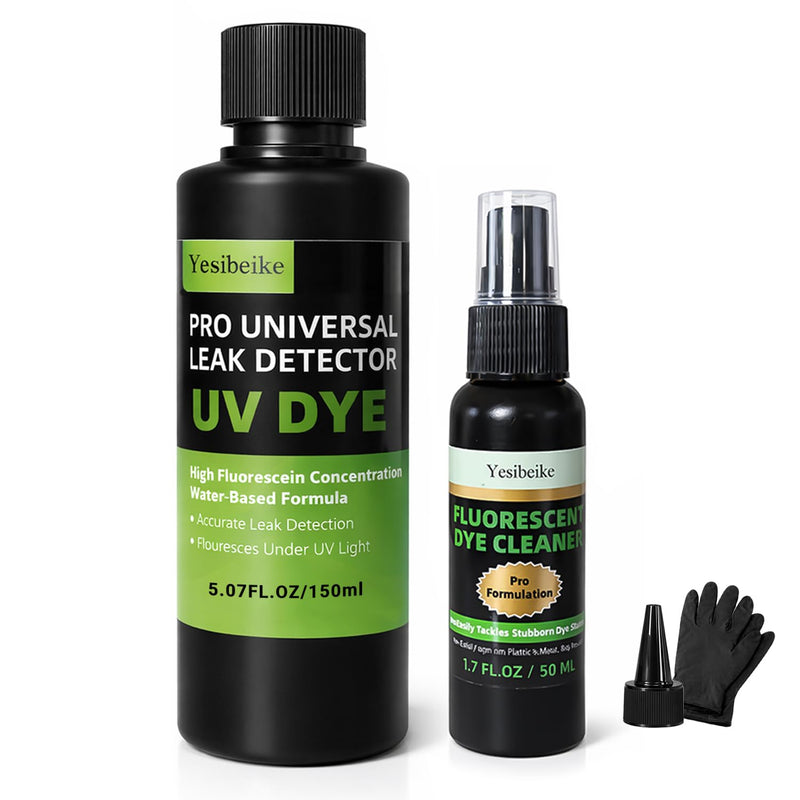 Automotive UV Leak Detector Dye Kit, 150ml High Visibility Tracer for Radiator Coolant Systems Hose Heater Core Water Pump and AC, Includes Dye Cleaner and Gloves 1 150ml+50ml