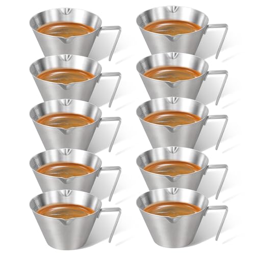 Set of 10 Carrottimes stainless steel espresso shot cups in silver, 3.4oz/100ml capacity, ideal for serving espresso shots.