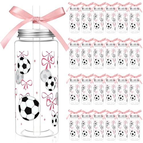 24 Pcs Soccer Plastic Cups with Lids, Straws, and Pink Ribbon, 13.5 oz Pink Bow Sports Theme Party Clear Drinking Cups Reusable Tumblers for Birthday Sports Party Team Gifts