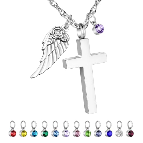 Dletay Cross Urn Necklace for Ashes with 12 Birthstones Cremation Jewelry for Ashes for Women Memorial Ash Keepsake Urn Pendant Silver