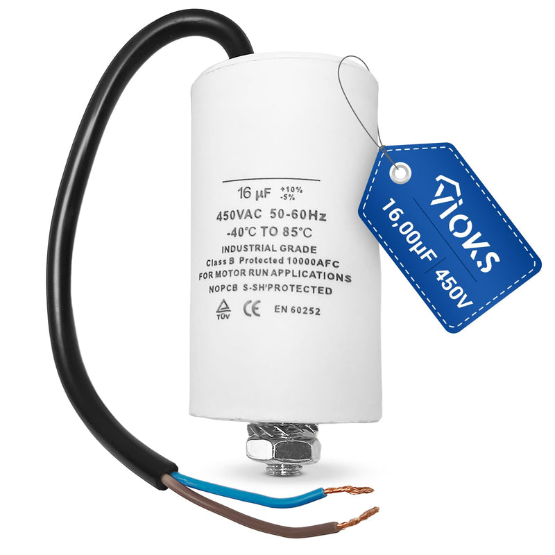 VIOKS CBB60 Capacitor 16µF 450V Universal for Electric Home Appliances | Starting capacitor motor starter capacitor motor capacitor starting capacitor, with connection cable mounting screw M8 16.00 µF cable