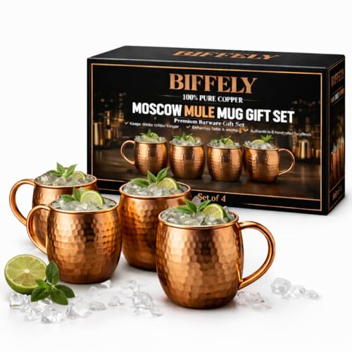 Premium Handcrafted Copper Moscow Mule Mugs Set of 4 – 16oz Hammered Solid Copper Cups, BPA-Free & Lacquer-Free, Elegant Gift Set for Cocktails, Water, Home Bar & Parties
