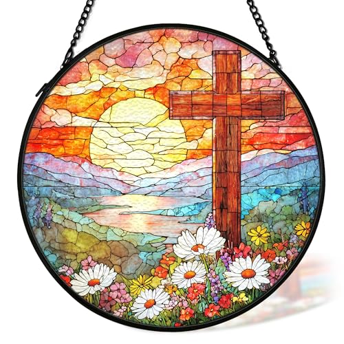 Christian Suncatcher Stained Glass Cross Window Hanging Decor, Christmas Religious Gifts for Women, Easter Landscape Sunrise Mountain Cross Garden Lawn Sun Catchers for Window Hanging,7.9x7.9In Cross4
