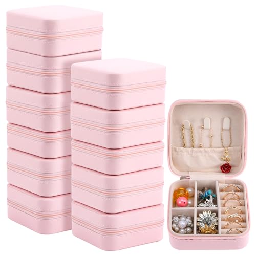 MAQUITA 12 Pack Travel Jewelry Case Bridesmaid Gifts Box, PU Leather Small Jewelrys Case Organizer Storage for Women Girls Rings Earrings (Pink) pink-12pcs