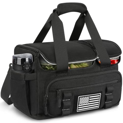 Insulated Laktru lunch bag for men with hot and cold compartments, 20L capacity, black and gray fabric, portable design
