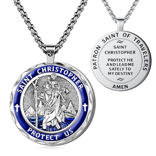 Saint Medal Necklace, Catholic Faith Jewelry, Religious Gift Silver Blue Saint Christopher