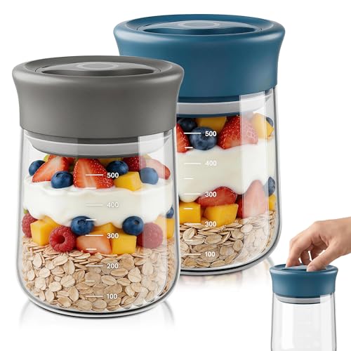 Airtight Glass Storage Jar 16 oz, Easy Open 1/4-Turn Lid Coffee Container Blue+Grey 2PC 16OZ