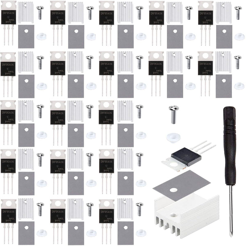 20pcs IRF9540 MOSFET Transistor IRF9540N P-Channel Enhanced Power MOSFET 23A 100V 3-Pin TO-220AB with Heatsink Screw Washer Rubber Silicone Screwdriver