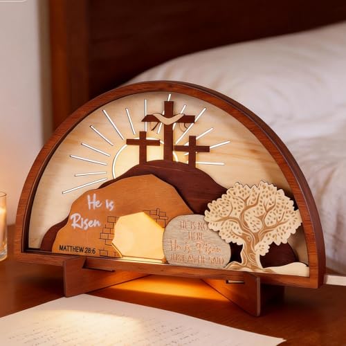 Empty Tomb Easter Scene and Christian Cross Decoration, He Is Risen Decor Wood Easter Resurrection Scene Set for Tray, Jesus Nativity Scene Decor for Religious Home Mantels Tabletop Christian Gifts