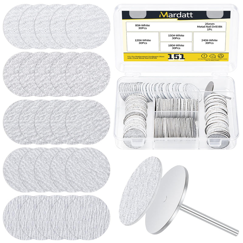 Pack of 151 Sanding Discs Pedicure 25 mm, 80/120/150/180/240 Grit Feet Grinder Sandpaper with Metal Bit, Replacement Sandpaper Nail Cutter for Callus Remover White 150pcs