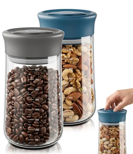Airtight Glass Storage Jar 27 oz, Easy Open 1/4-Turn Lid Coffee Container Blue+Grey 2PC 27OZ
