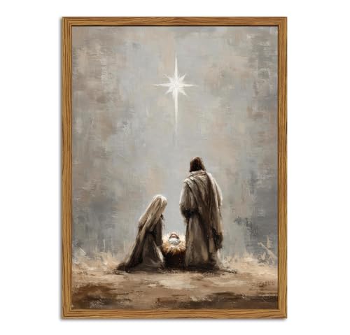 Framed Jesus Wall Art, Christian Nativity Scene Wall Decor Paintings, Star of Bethlehem Pictures Canvas Prints Religious Home Decor for Living Room Bedroom Church Prayer 16x24 inch 24"L x 16"W