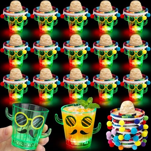 LemonRoad 20 Sets Light up Cactus Shot Glass with Sombrero Party Favor